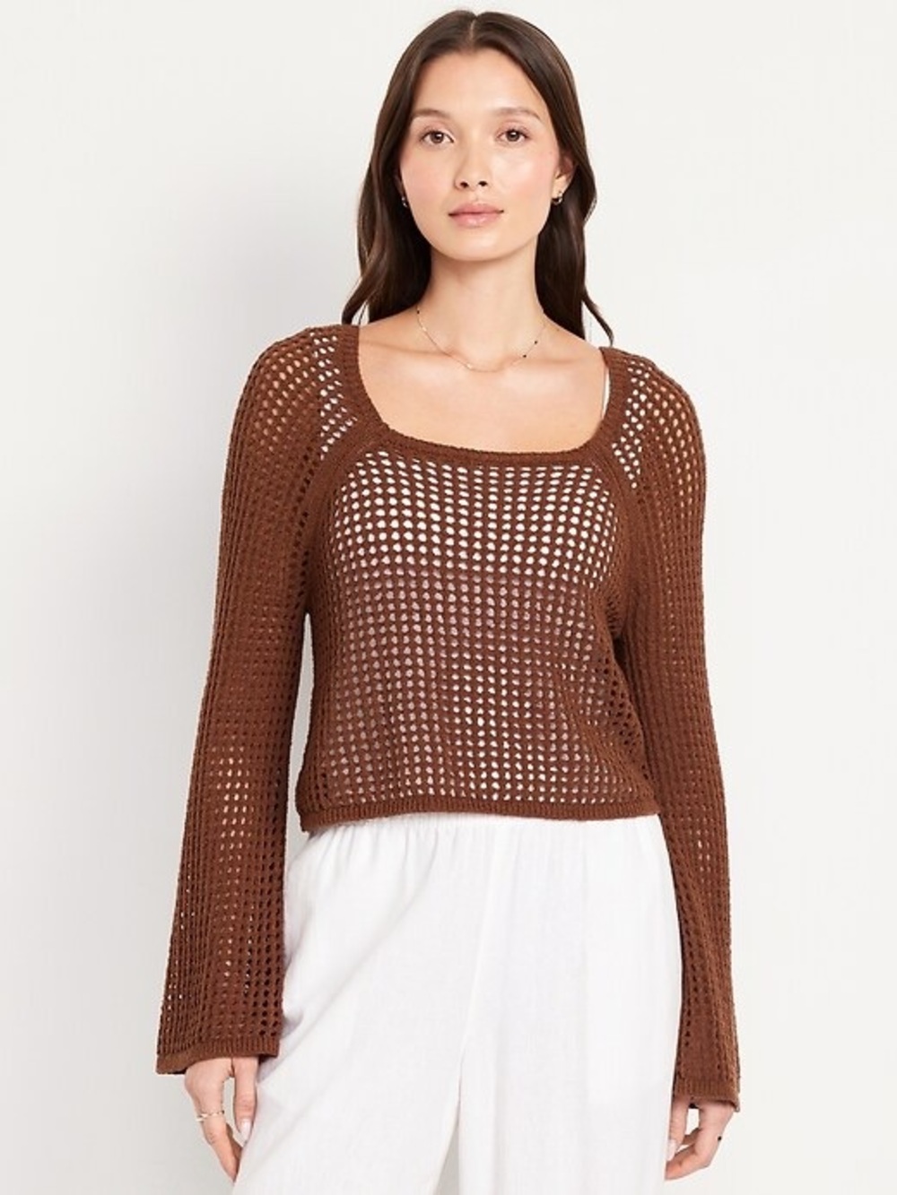 Old Navy open stitch cropped knit bouclé sweater brown medium